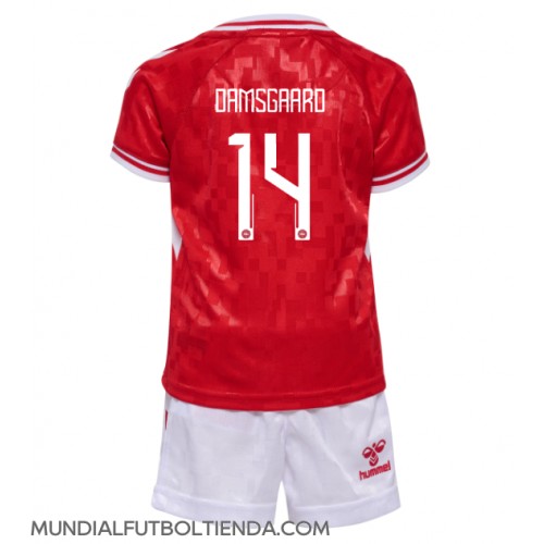 Camiseta Dinamarca Mikkel Damsgaard #14 Primera Equipación Replica Eurocopa 2024 para niños mangas cortas (+ Pantalones cortos)